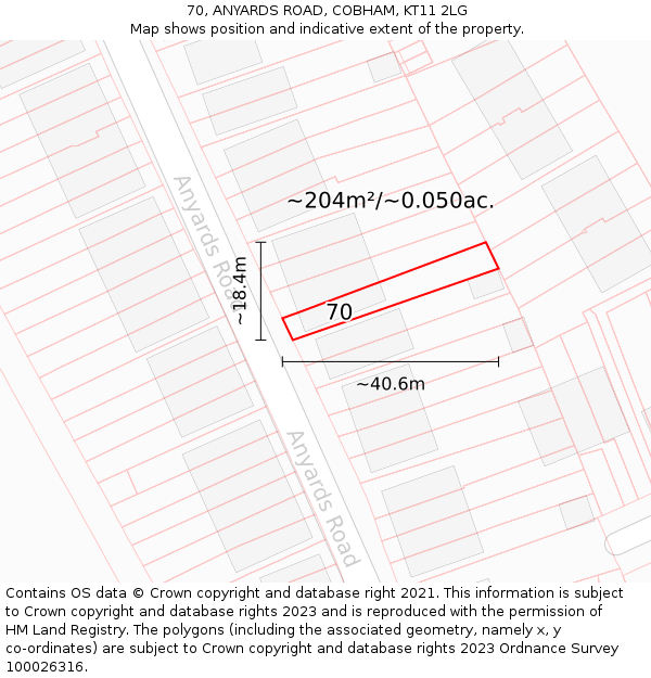 70, ANYARDS ROAD, COBHAM, KT11 2LG: Plot and title map