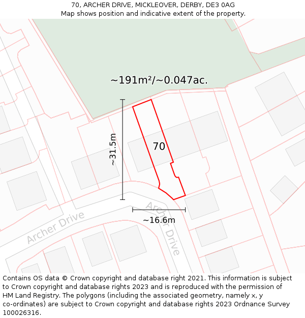 70, ARCHER DRIVE, MICKLEOVER, DERBY, DE3 0AG: Plot and title map