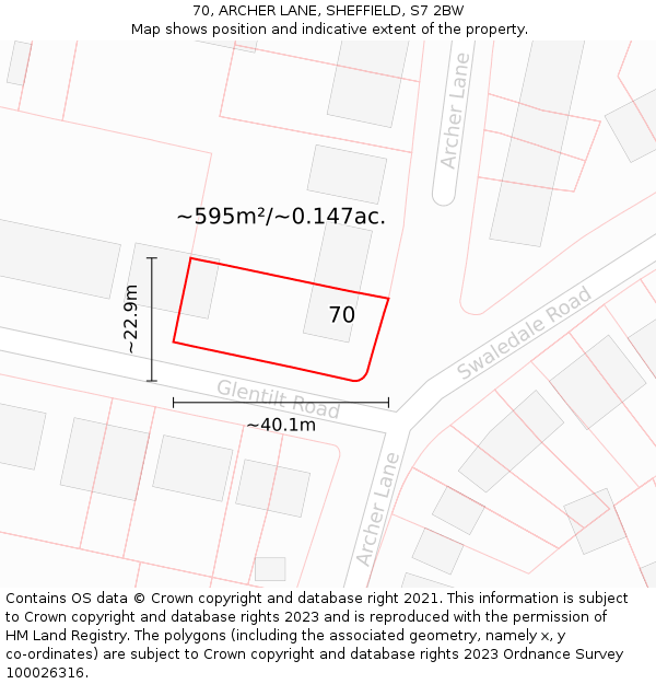 70, ARCHER LANE, SHEFFIELD, S7 2BW: Plot and title map