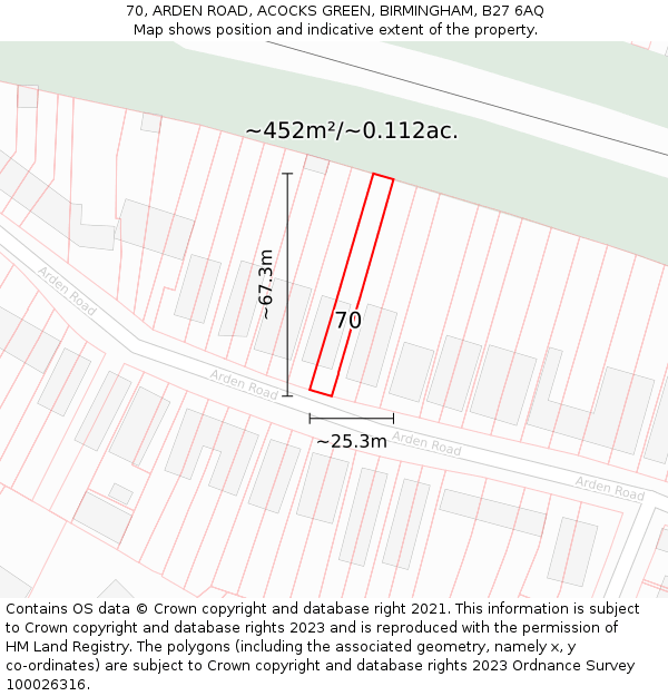 70, ARDEN ROAD, ACOCKS GREEN, BIRMINGHAM, B27 6AQ: Plot and title map