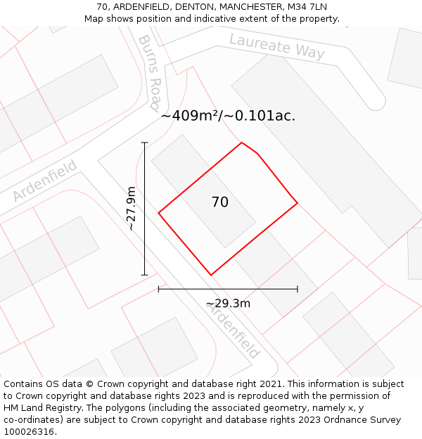 70, ARDENFIELD, DENTON, MANCHESTER, M34 7LN: Plot and title map
