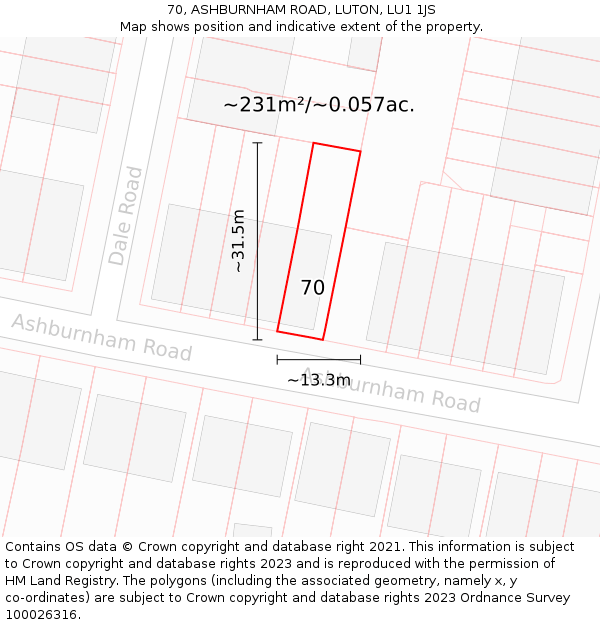 70, ASHBURNHAM ROAD, LUTON, LU1 1JS: Plot and title map