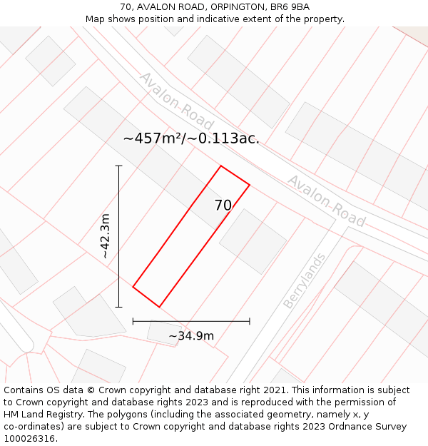 70, AVALON ROAD, ORPINGTON, BR6 9BA: Plot and title map