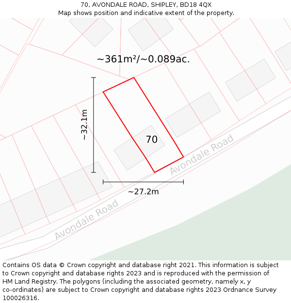 70, AVONDALE ROAD, SHIPLEY, BD18 4QX: Plot and title map