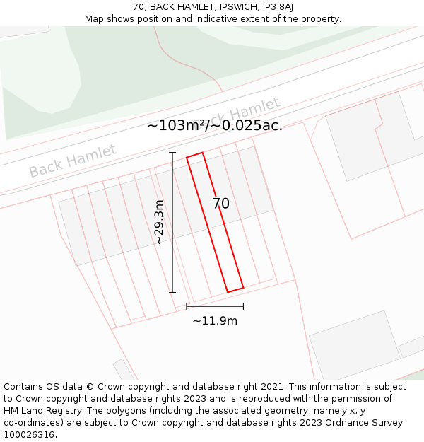 70, BACK HAMLET, IPSWICH, IP3 8AJ: Plot and title map