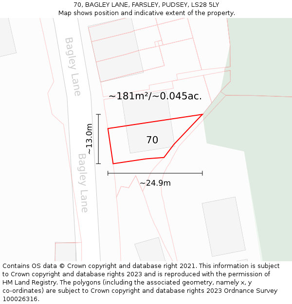 70, BAGLEY LANE, FARSLEY, PUDSEY, LS28 5LY: Plot and title map
