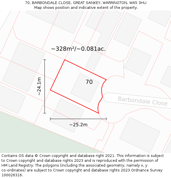 70, BARBONDALE CLOSE, GREAT SANKEY, WARRINGTON, WA5 3HU: Plot and title map