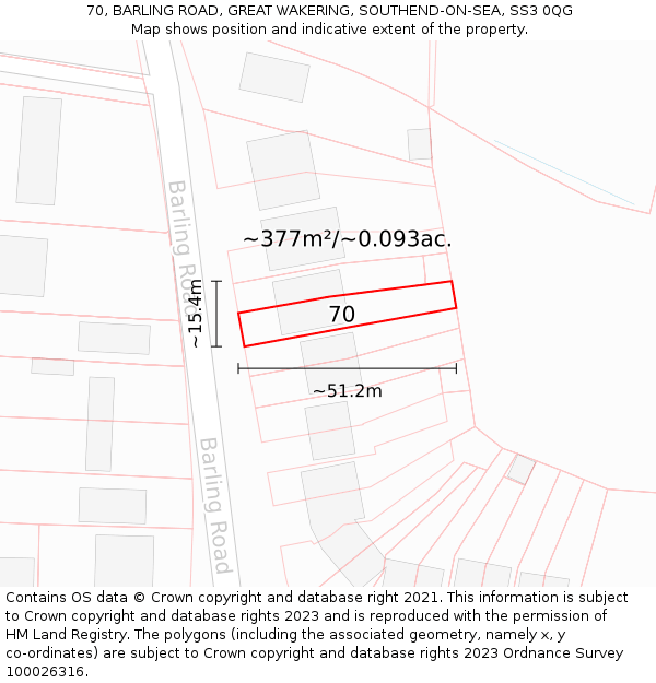 70, BARLING ROAD, GREAT WAKERING, SOUTHEND-ON-SEA, SS3 0QG: Plot and title map