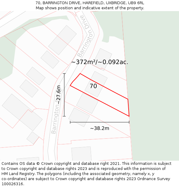 70, BARRINGTON DRIVE, HAREFIELD, UXBRIDGE, UB9 6RL: Plot and title map