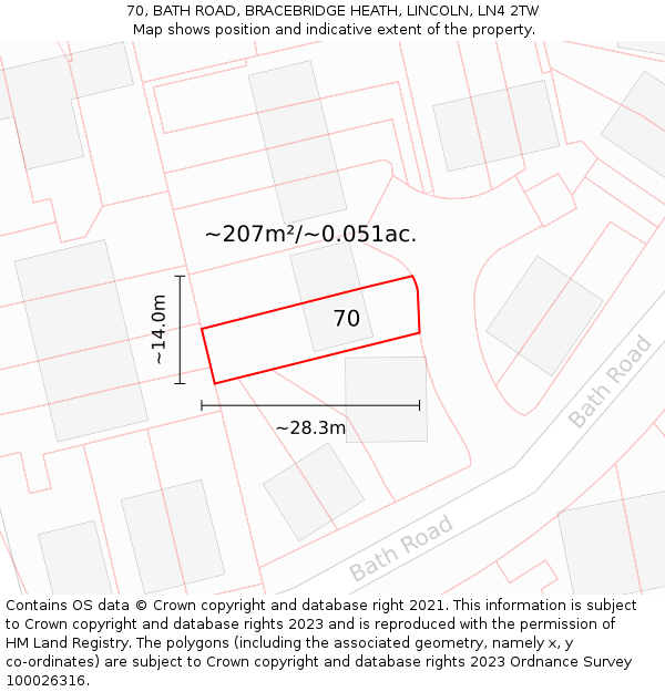 70, BATH ROAD, BRACEBRIDGE HEATH, LINCOLN, LN4 2TW: Plot and title map