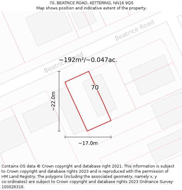 70, BEATRICE ROAD, KETTERING, NN16 9QS: Plot and title map