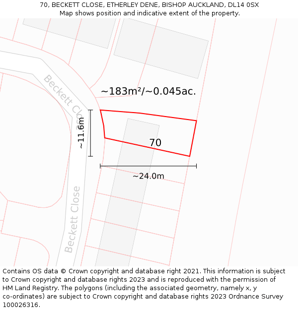 70, BECKETT CLOSE, ETHERLEY DENE, BISHOP AUCKLAND, DL14 0SX: Plot and title map