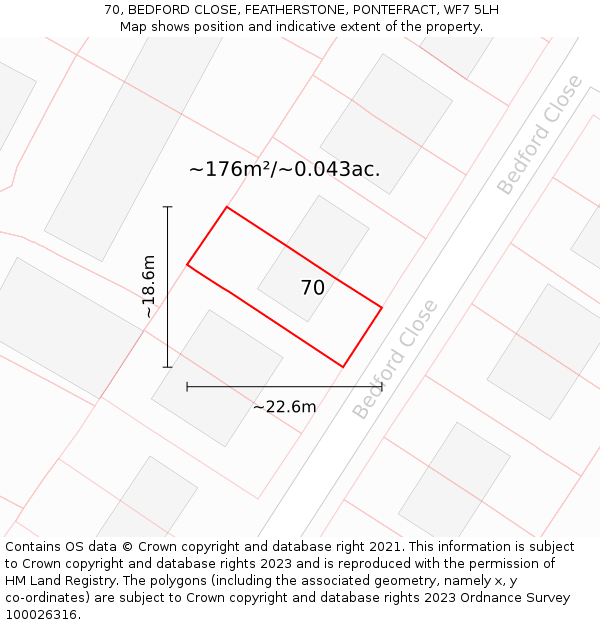 70, BEDFORD CLOSE, FEATHERSTONE, PONTEFRACT, WF7 5LH: Plot and title map