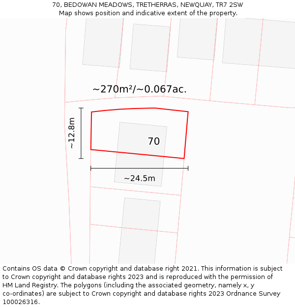 70, BEDOWAN MEADOWS, TRETHERRAS, NEWQUAY, TR7 2SW: Plot and title map
