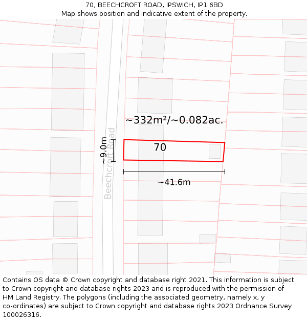 70, BEECHCROFT ROAD, IPSWICH, IP1 6BD: Plot and title map