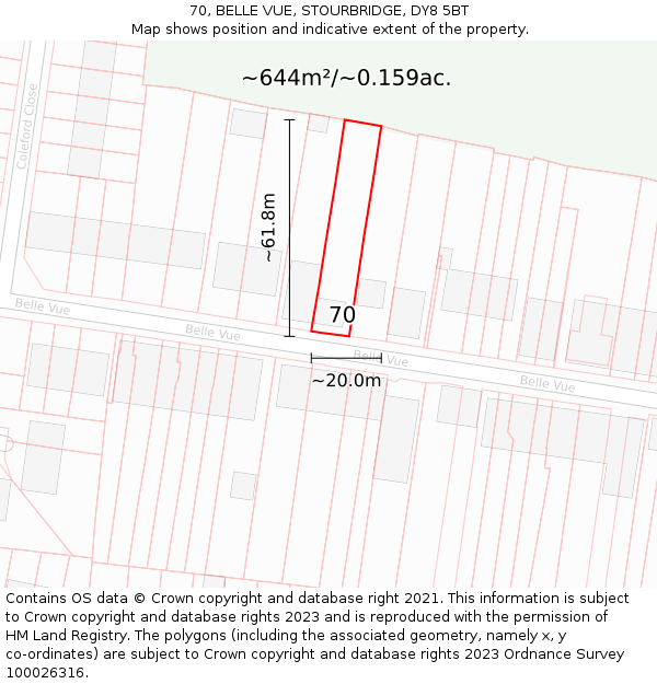 70, BELLE VUE, STOURBRIDGE, DY8 5BT: Plot and title map