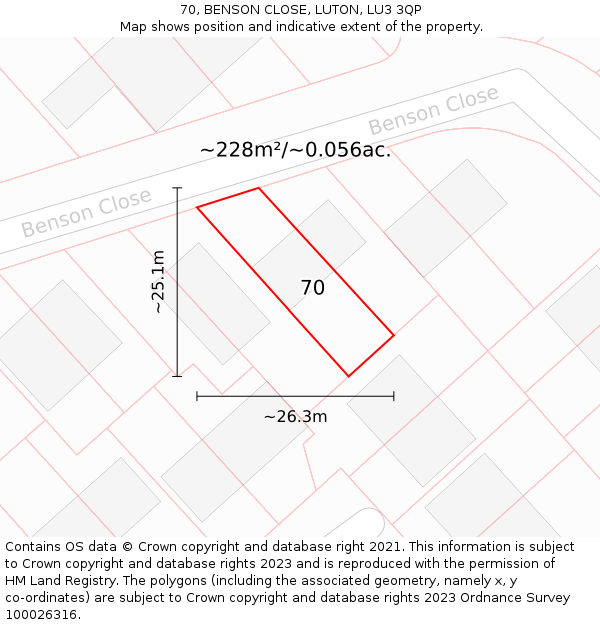 70, BENSON CLOSE, LUTON, LU3 3QP: Plot and title map