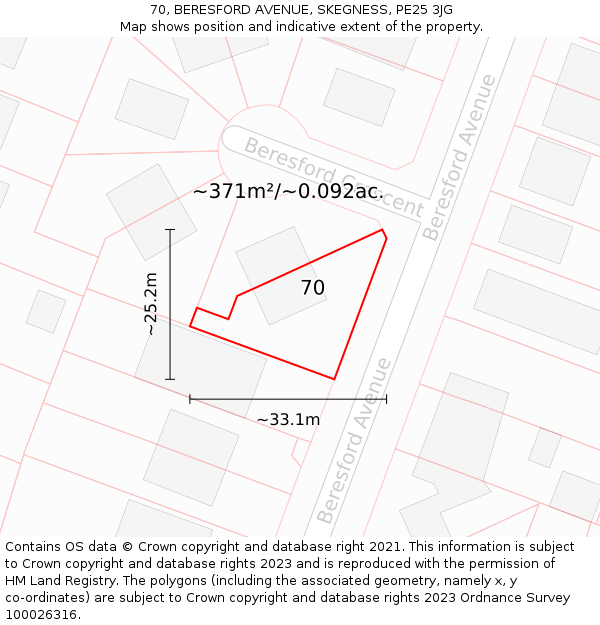 70, BERESFORD AVENUE, SKEGNESS, PE25 3JG: Plot and title map