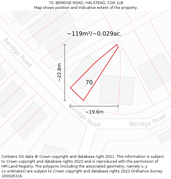 70, BERIDGE ROAD, HALSTEAD, CO9 1LB: Plot and title map