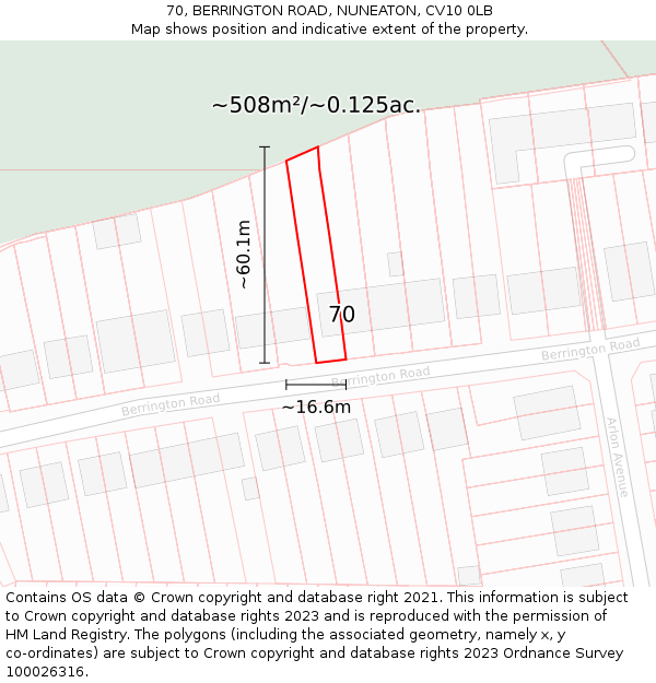 70, BERRINGTON ROAD, NUNEATON, CV10 0LB: Plot and title map