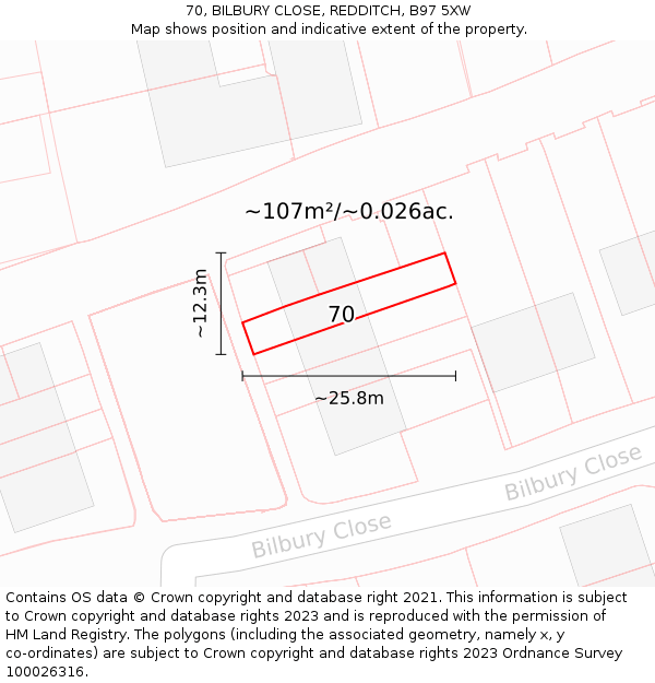 70, BILBURY CLOSE, REDDITCH, B97 5XW: Plot and title map