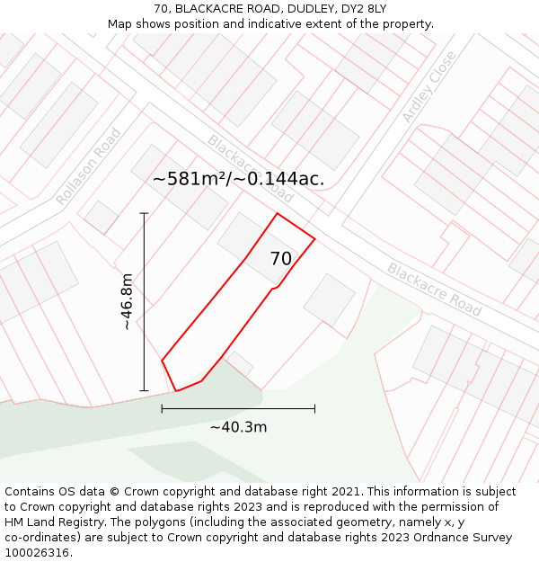 70, BLACKACRE ROAD, DUDLEY, DY2 8LY: Plot and title map