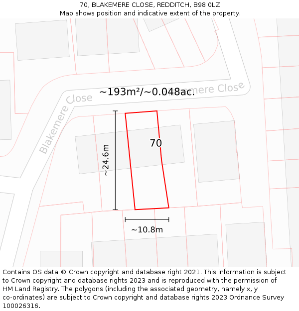 70, BLAKEMERE CLOSE, REDDITCH, B98 0LZ: Plot and title map