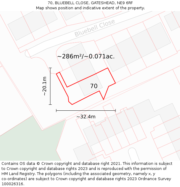 70, BLUEBELL CLOSE, GATESHEAD, NE9 6RF: Plot and title map
