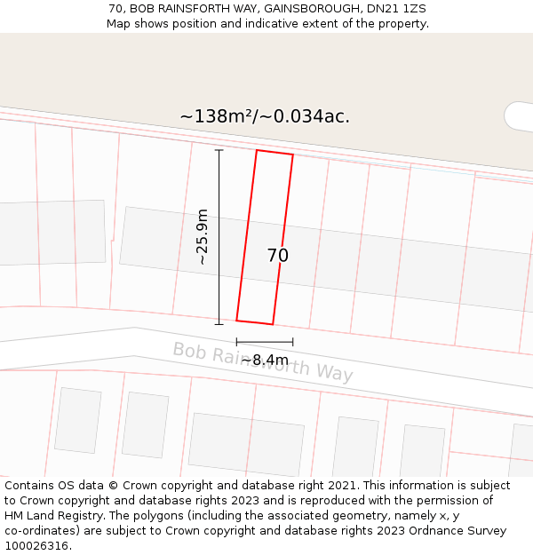 70, BOB RAINSFORTH WAY, GAINSBOROUGH, DN21 1ZS: Plot and title map