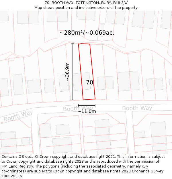 70, BOOTH WAY, TOTTINGTON, BURY, BL8 3JW: Plot and title map