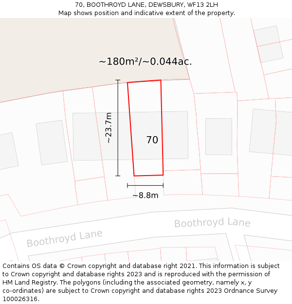 70, BOOTHROYD LANE, DEWSBURY, WF13 2LH: Plot and title map