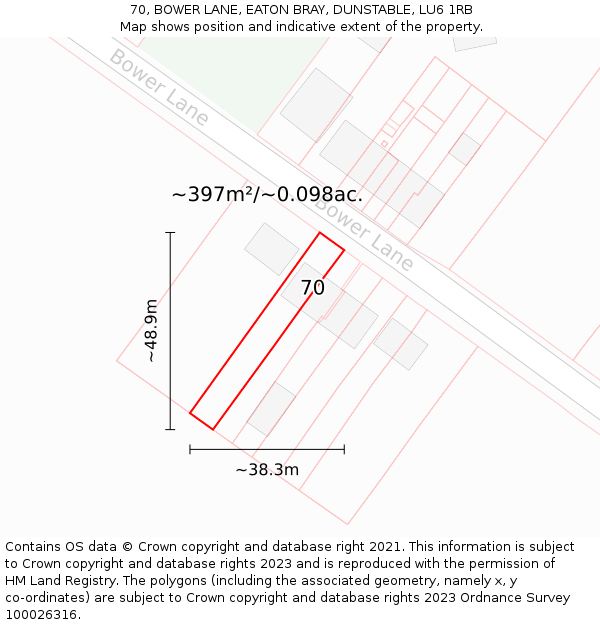70, BOWER LANE, EATON BRAY, DUNSTABLE, LU6 1RB: Plot and title map