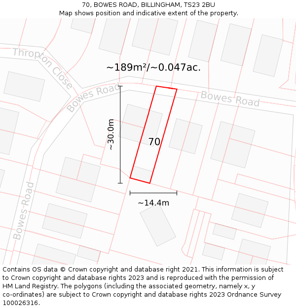 70, BOWES ROAD, BILLINGHAM, TS23 2BU: Plot and title map