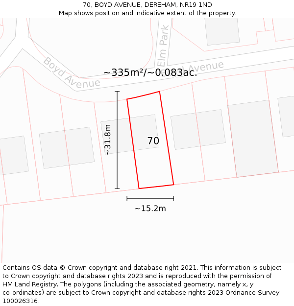 70, BOYD AVENUE, DEREHAM, NR19 1ND: Plot and title map