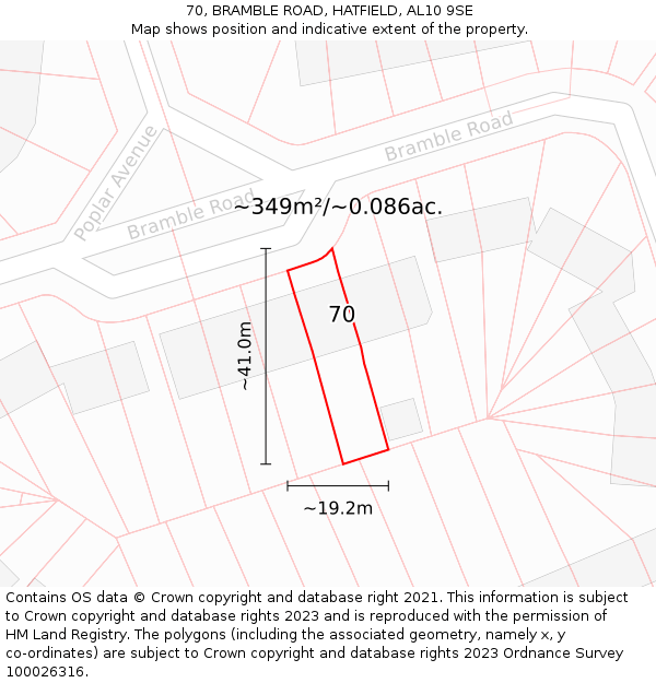 70, BRAMBLE ROAD, HATFIELD, AL10 9SE: Plot and title map