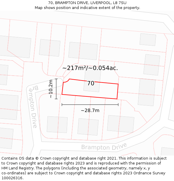 70, BRAMPTON DRIVE, LIVERPOOL, L8 7SU: Plot and title map