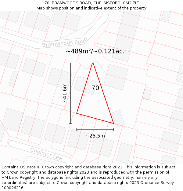 70, BRAMWOODS ROAD, CHELMSFORD, CM2 7LT: Plot and title map