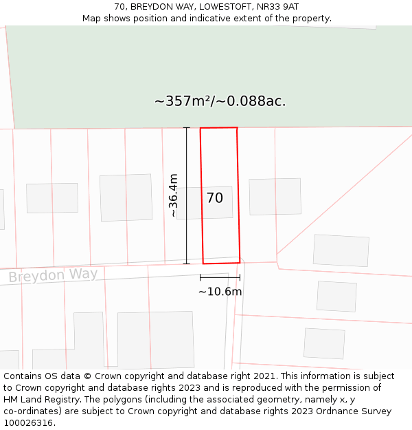70, BREYDON WAY, LOWESTOFT, NR33 9AT: Plot and title map