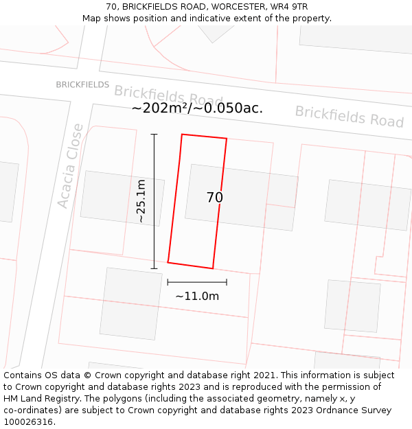 70, BRICKFIELDS ROAD, WORCESTER, WR4 9TR: Plot and title map