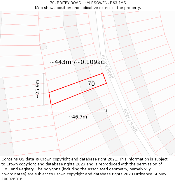 70, BRIERY ROAD, HALESOWEN, B63 1AS: Plot and title map
