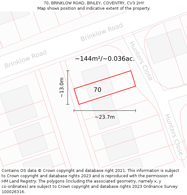 70, BRINKLOW ROAD, BINLEY, COVENTRY, CV3 2HY: Plot and title map