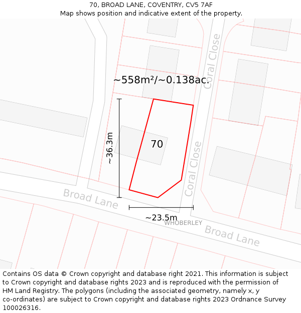 70, BROAD LANE, COVENTRY, CV5 7AF: Plot and title map