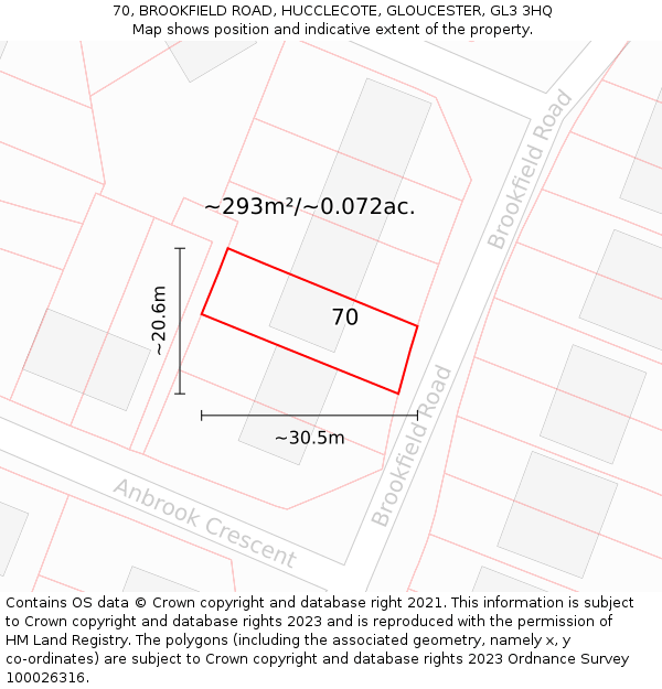 70, BROOKFIELD ROAD, HUCCLECOTE, GLOUCESTER, GL3 3HQ: Plot and title map