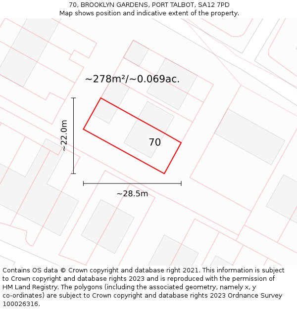 70, BROOKLYN GARDENS, PORT TALBOT, SA12 7PD: Plot and title map