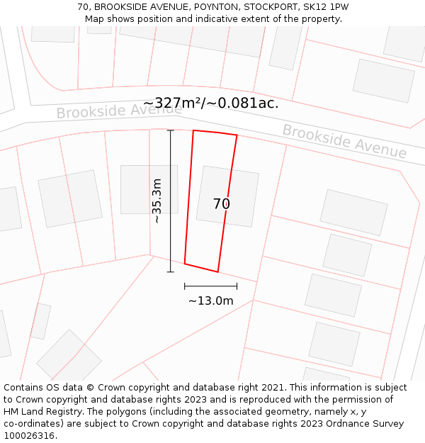 70, BROOKSIDE AVENUE, POYNTON, STOCKPORT, SK12 1PW: Plot and title map