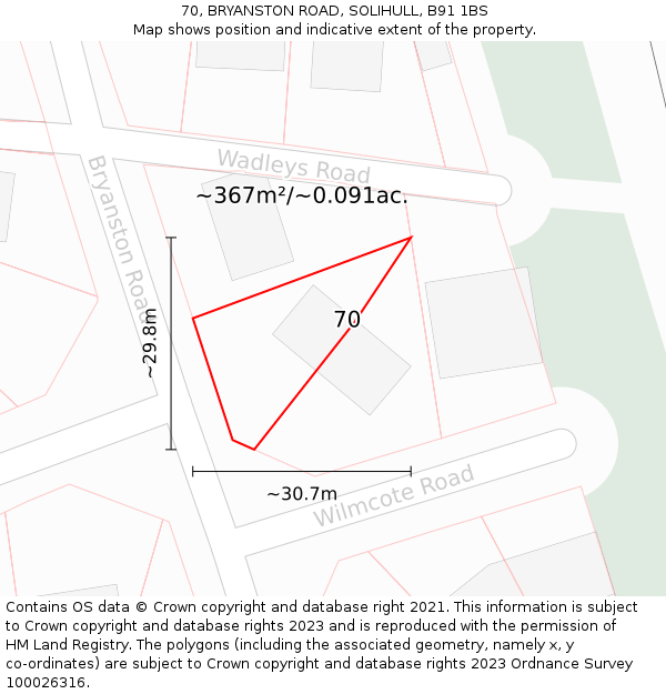 70, BRYANSTON ROAD, SOLIHULL, B91 1BS: Plot and title map