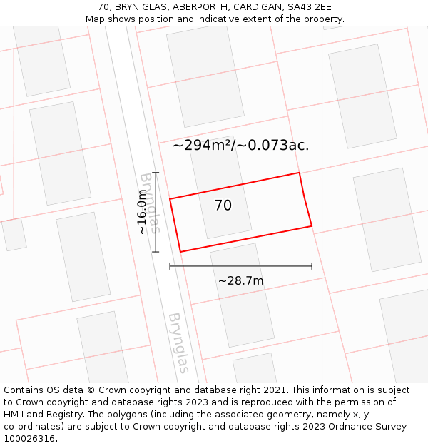70, BRYN GLAS, ABERPORTH, CARDIGAN, SA43 2EE: Plot and title map
