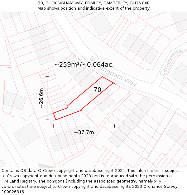 70, BUCKINGHAM WAY, FRIMLEY, CAMBERLEY, GU16 8XP: Plot and title map