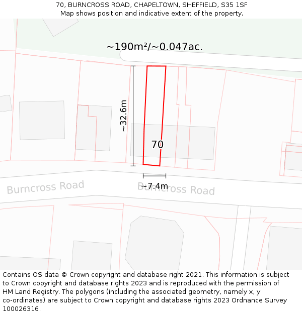 70, BURNCROSS ROAD, CHAPELTOWN, SHEFFIELD, S35 1SF: Plot and title map