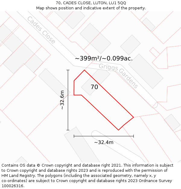 70, CADES CLOSE, LUTON, LU1 5QQ: Plot and title map